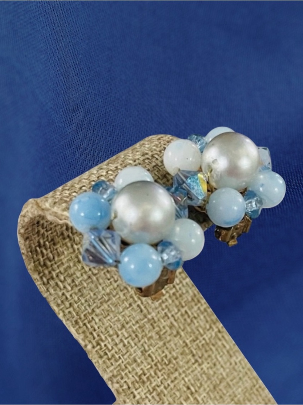 Vintage Iridescent Bead and Shades of Blue AB Crystal and Bead Clip Earrings